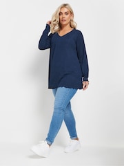Yours Curve Blue Long Sleeve Textured V-Neck Top - Image 2 of 5