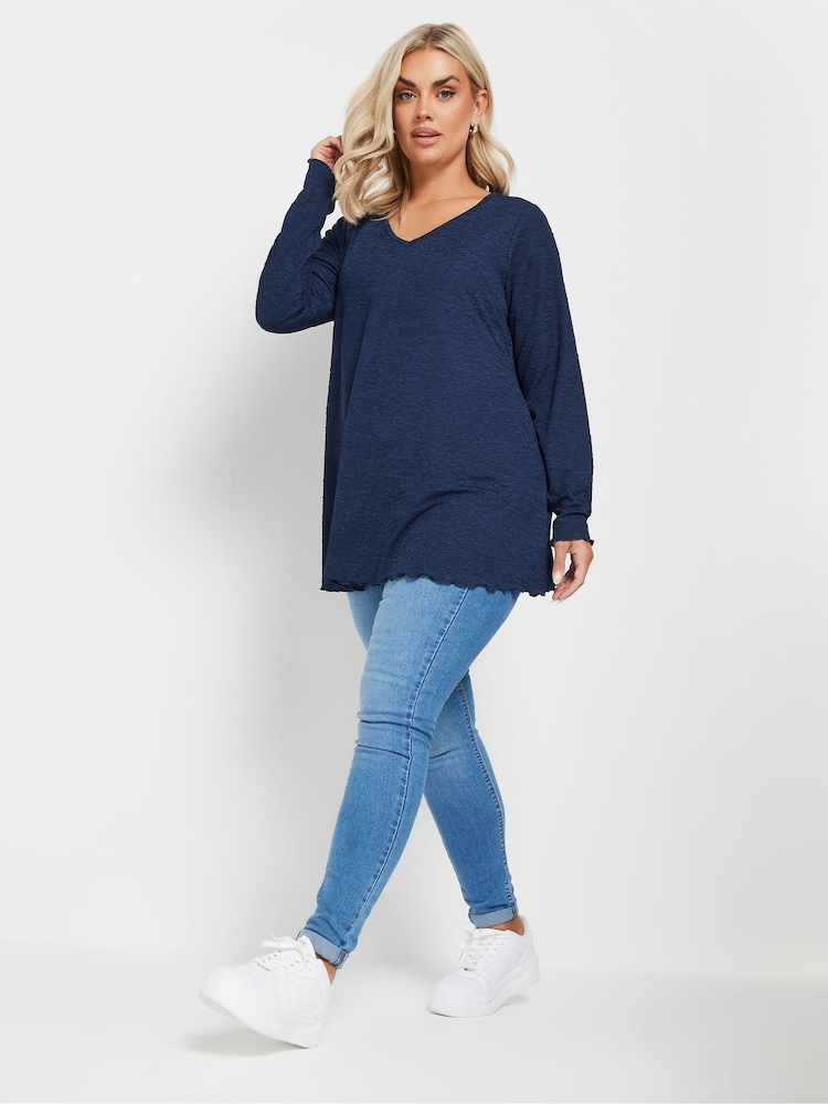 Yours Curve Blue Long Sleeve Textured V-Neck Top - Image 2 of 5