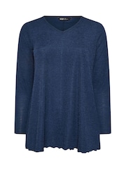 Yours Curve Blue Long Sleeve Textured V-Neck Top - Image 5 of 5
