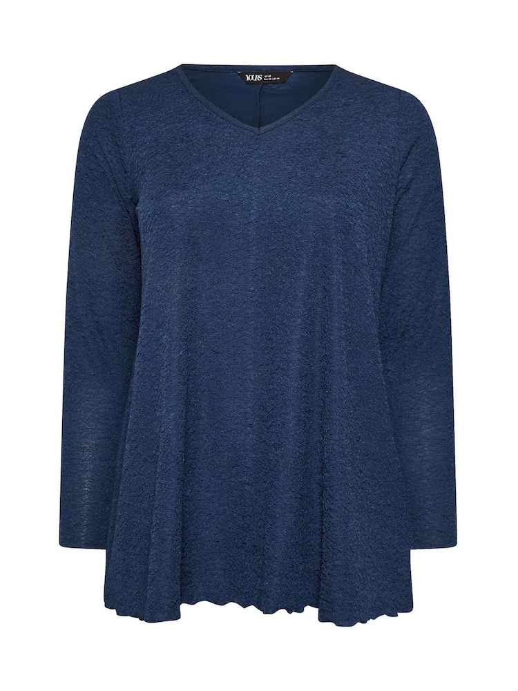 Yours Curve Blue Long Sleeve Textured V-Neck Top - Image 5 of 5