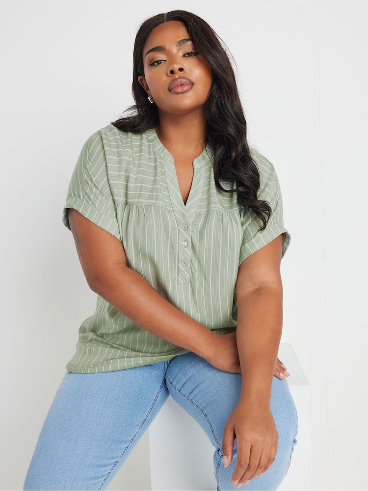 Yours Curve Green Stripe Notchneck Blouse - Image 1 of 4 Yours Curve Green Stripe Notchneck Blouse - Image 1 of 4