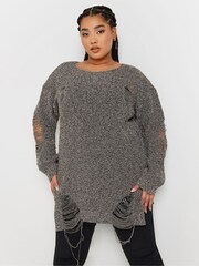 Yours Curve Brown Distressed Detailed Jumper - Image 1 of 5