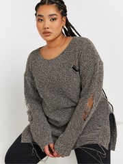 Yours Curve Brown Distressed Detailed Jumper - Image 4 of 5
