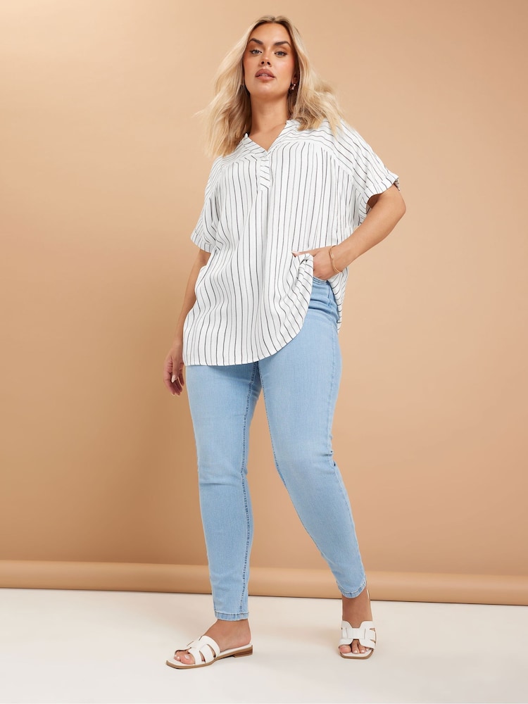 Yours Curve White Stripe Notchneck Blouse - Image 2 of 5 Yours Curve White Stripe Notchneck Blouse - Image 2 of 5