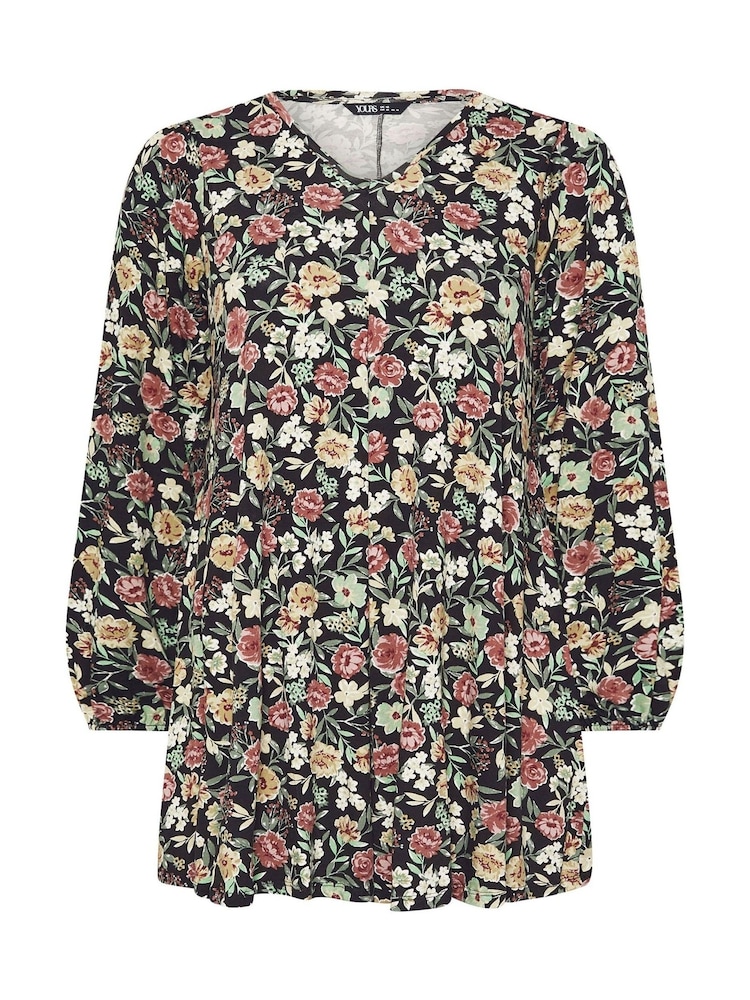Yours Curve Black Floral Print Pleated Front Swing Top - Image 5 of 5 Yours Curve Black Floral Print Pleated Front Swing Top - Image 5 of 5