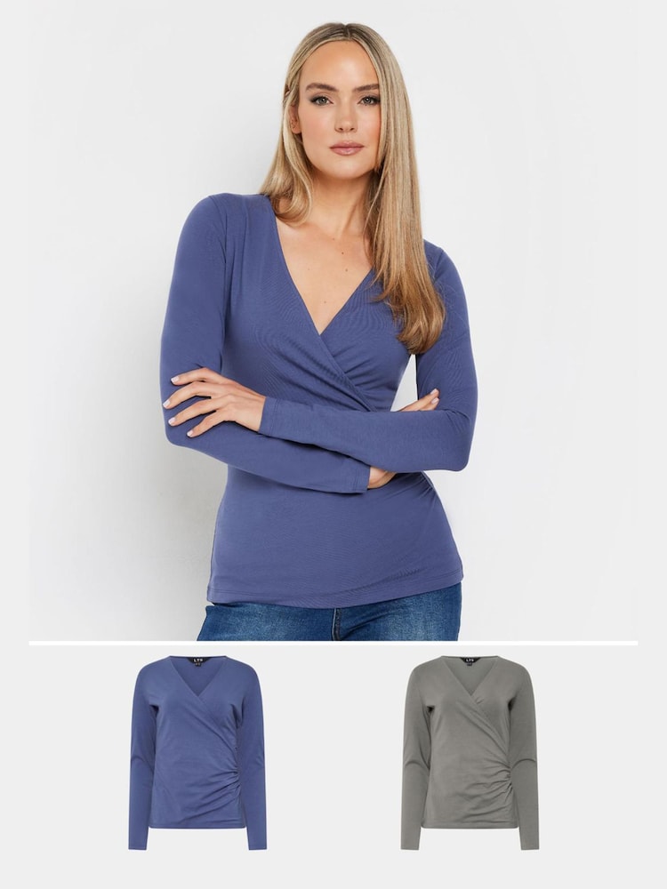 Long Tall Sally Blue Long Sleeve Wrap Top 2 Pack - Image 1 of 6 Long Tall Sally Blue Long Sleeve Wrap Top 2 Pack - Image 1 of 6