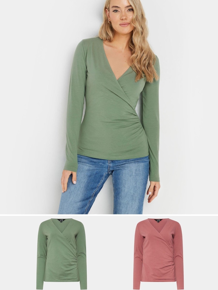 Long Tall Sally Green Long Sleeve Wrap Top 2 Pack - Image 1 of 8