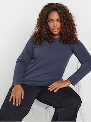 Yours Curve Blue Acid Wash Long Sleeve 100% Cotton T-Shirt - Image 1 of 5