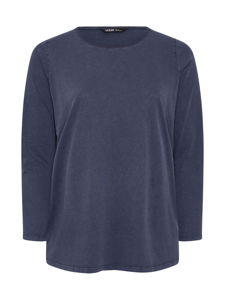 Yours Curve Blue Acid Wash Long Sleeve 100% Cotton T-Shirt - Image 5 of 5