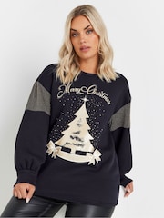 Yours Curve Blue Merry Christmas Diamante Embellished Sweatshirt - Image 1 of 5