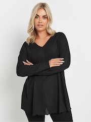 Yours Curve Black Long Sleeve Textured V-Neck Top - Image 1 of 5