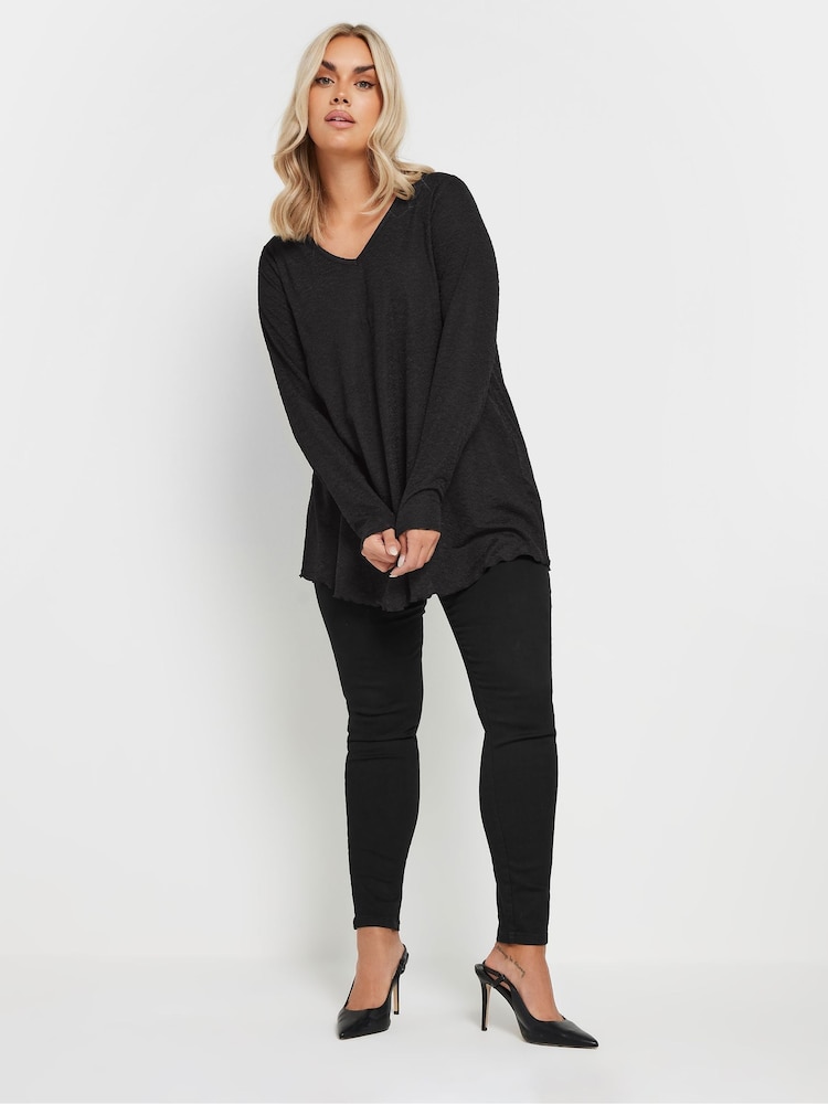 Yours Curve Black Long Sleeve Textured V-Neck Top - Image 2 of 5