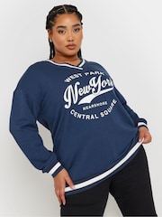 Yours Curve Navy Blue New York Slogan Varsity Sweatshirt - Image 1 of 5
