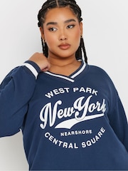 Yours Curve Navy Blue New York Slogan Varsity Sweatshirt - Image 4 of 5