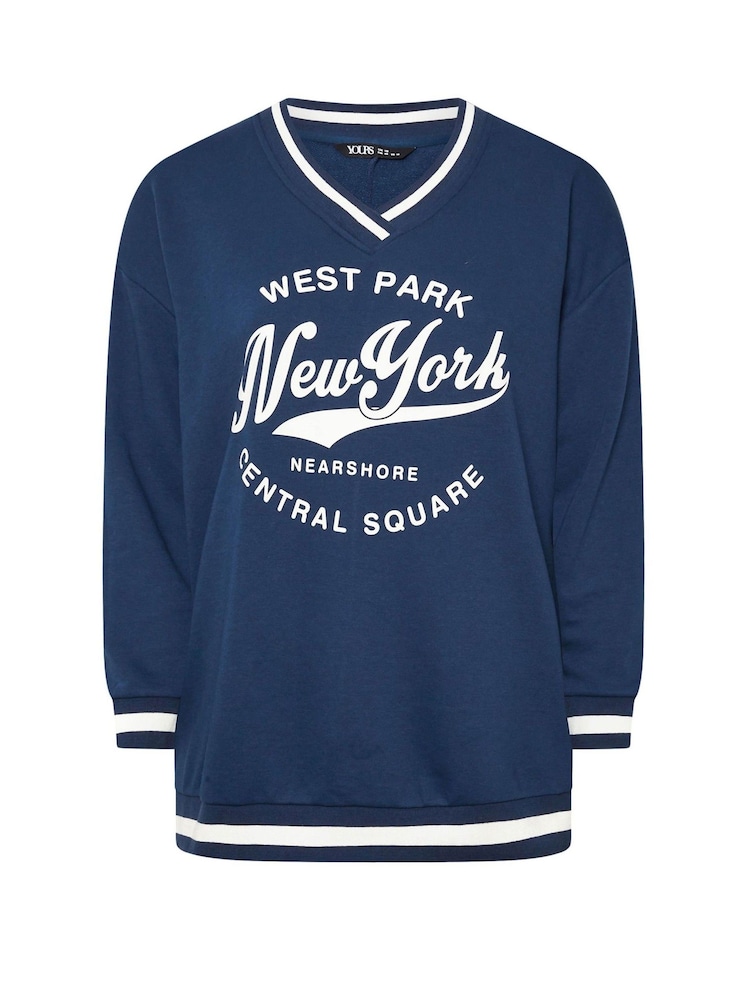 Yours Curve Navy Blue New York Slogan Varsity Sweatshirt - Image 5 of 5