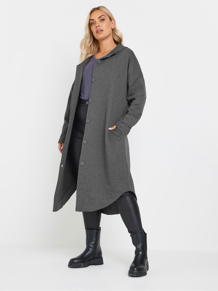 Yours Curve Grey Button Through Hooded Jacket - Image 1 of 5