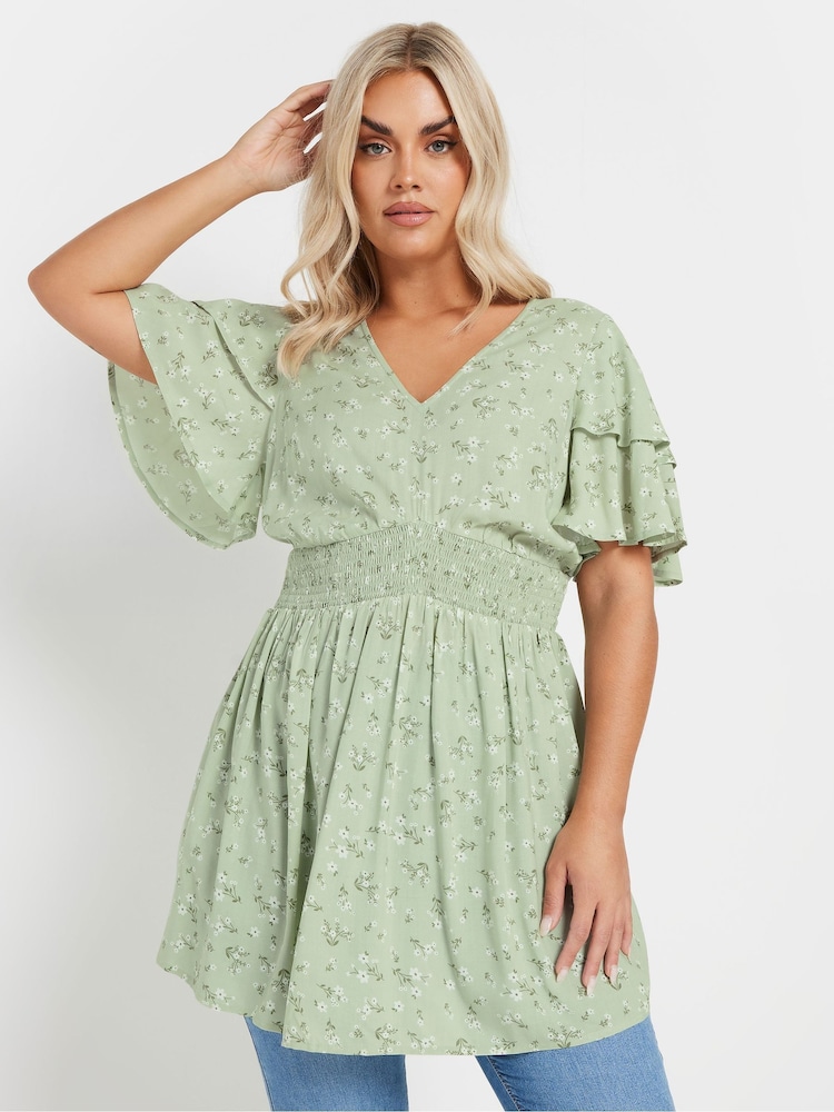 Yours Curve Green Flutter Sleeve Top - Image 1 of 5