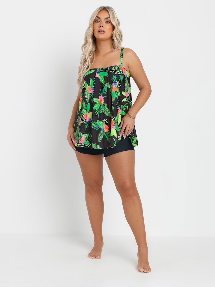 Yours Curve Black Hawaii Pleated A-Line Tankini - Image 2 of 4