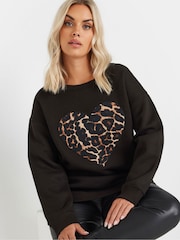 Yours Curve Black Leopard Print Heart Sweatshirt - Image 1 of 5