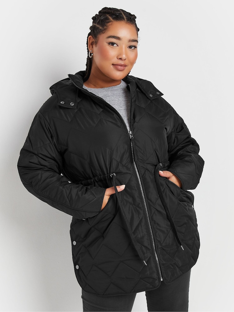 Yours Curve Black Lightweight Zig Zag Quilted Midi Jacket - Image 1 of 6