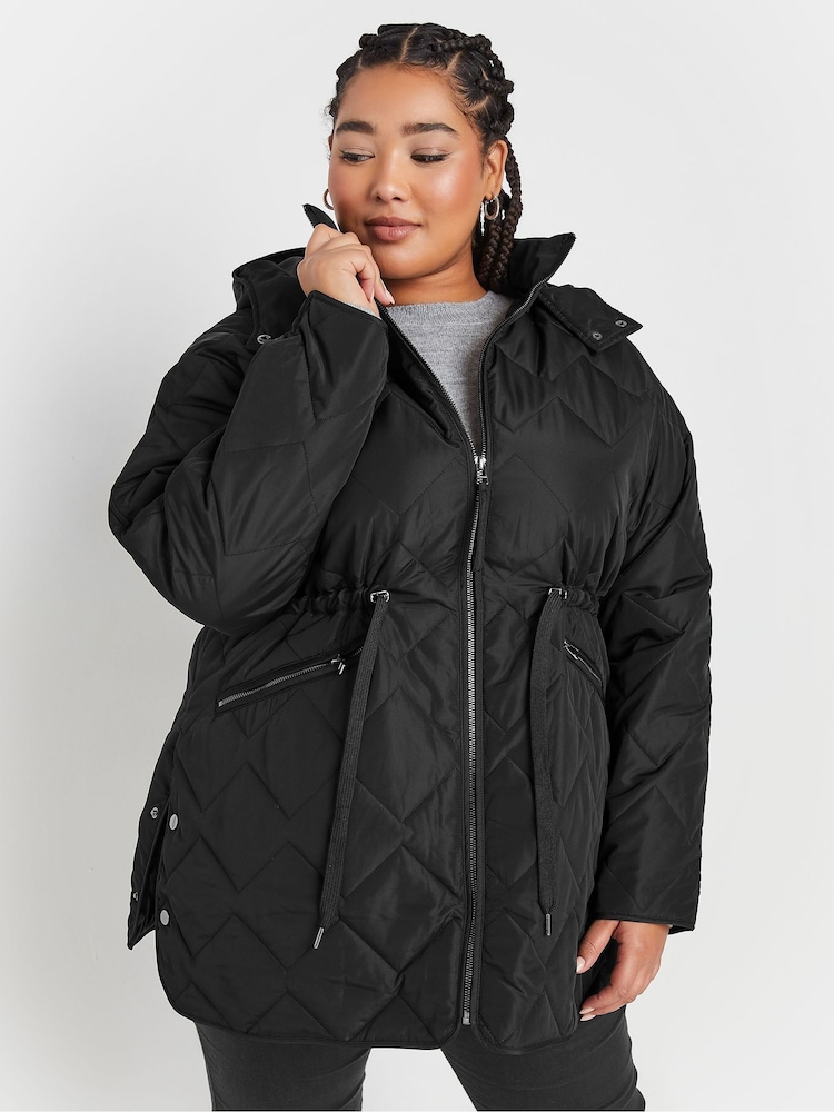 Yours Curve Black Lightweight Zig Zag Quilted Midi Jacket - Image 2 of 6