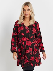 Yours Curve Black/Red Floral Print Pleat Front Top - Image 1 of 5