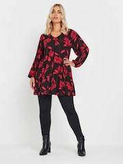 Yours Curve Black/Red Floral Print Pleat Front Top - Image 2 of 5