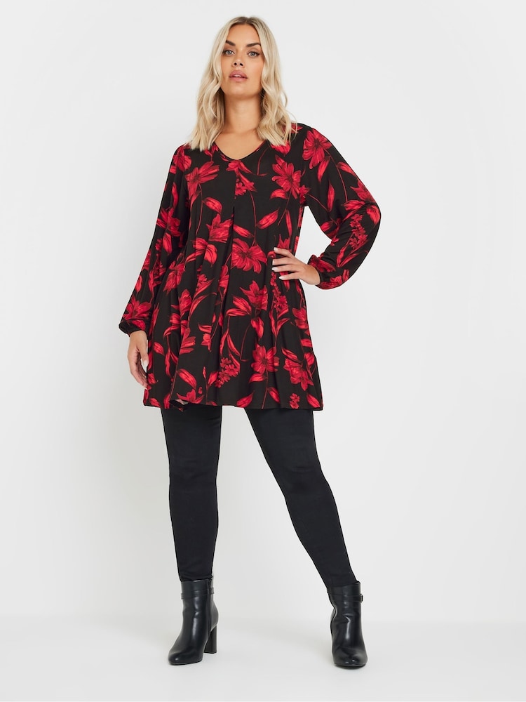 Yours Curve Black/Red Floral Print Pleat Front Top - Image 2 of 5