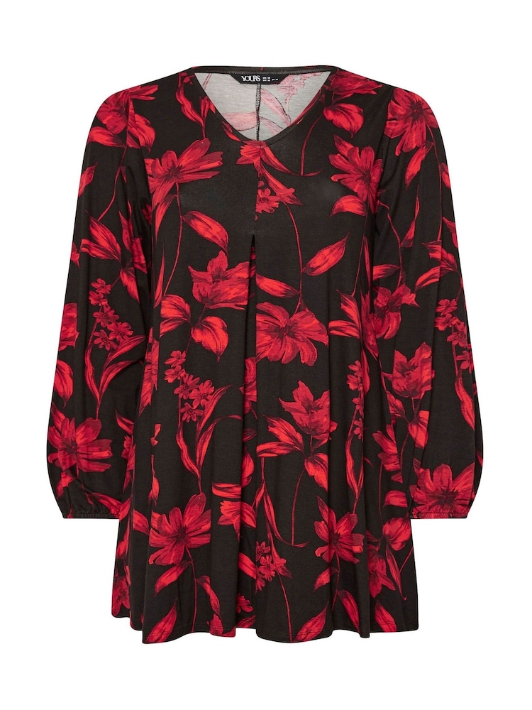 Yours Curve Black/Red Floral Print Pleat Front Top - Image 5 of 5