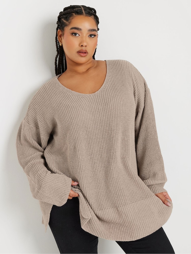Yours Curve Natural Oversized V-Neck Jumper - Image 1 of 5