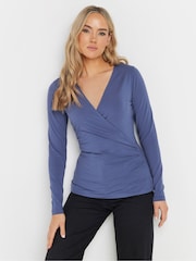 Long Tall Sally Blue Long Sleeve Cotton Wrap Top - Image 1 of 5