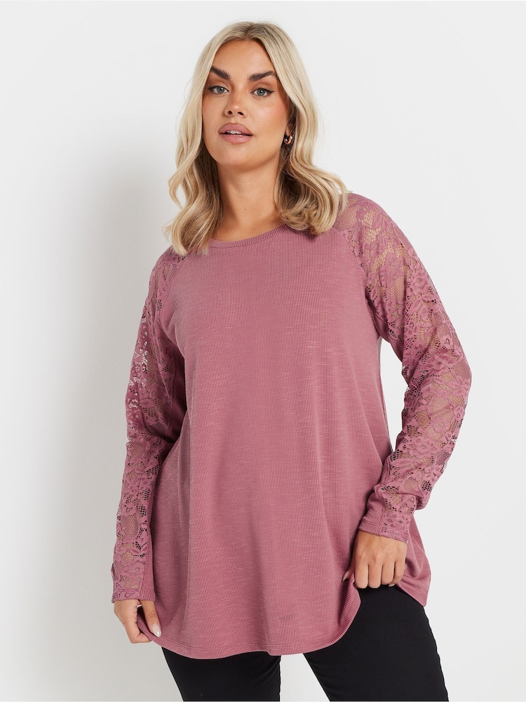 Yours Curve Pink Raglan Lace A-Line T-Shirt - Image 1 of 5