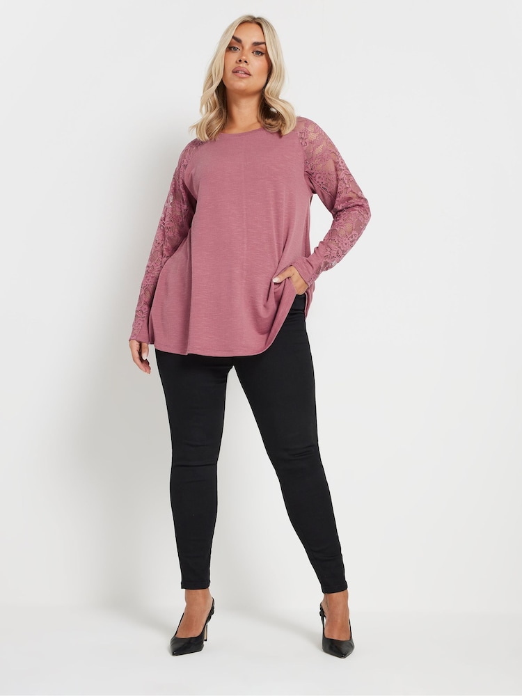 Yours Curve Pink Raglan Lace A-Line T-Shirt - Image 2 of 5