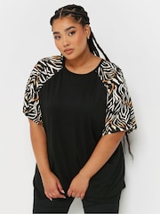 Yours Curve Black Zebra Print Raglan Detail Top - Image 1 of 5
