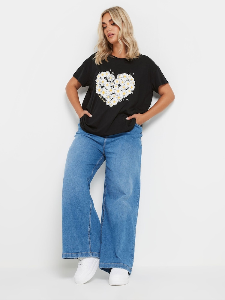Yours Curve Black Daisy Heart Placement T-Shirt - Image 2 of 5