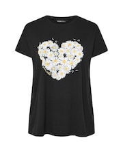 Yours Curve Black Daisy Heart Placement T-Shirt - Image 5 of 5