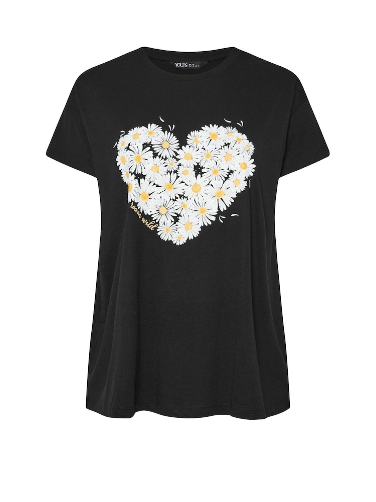 Yours Curve Black Daisy Heart Placement T-Shirt - Image 5 of 5