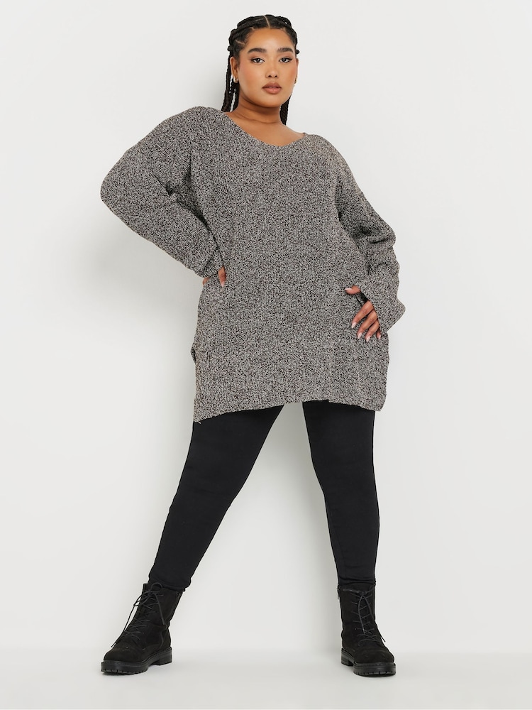 Yours Curve Brown Oversized V-Neck Jumper - Image 1 of 5