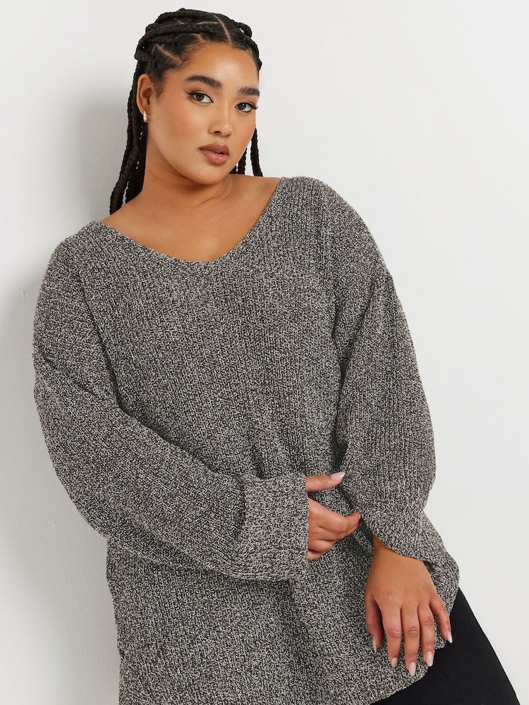 Yours Curve Brown Oversized V-Neck Jumper - Image 2 of 5