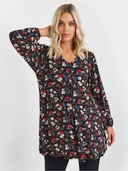Yours Curve Black Floral Print Pleat Front Top - Image 1 of 5