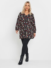 Yours Curve Black Floral Print Pleat Front Top - Image 2 of 5