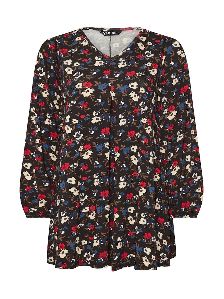 Yours Curve Black Floral Print Pleat Front Top - Image 5 of 5