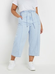 Yours Curve Blue Tie Waist Cropped 100% Cotton Trousers - Image 1 of 5