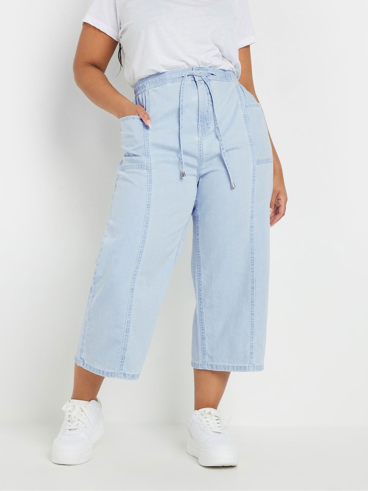 Yours Curve Blue Tie Waist Cropped 100% Cotton Trousers - Image 1 of 5