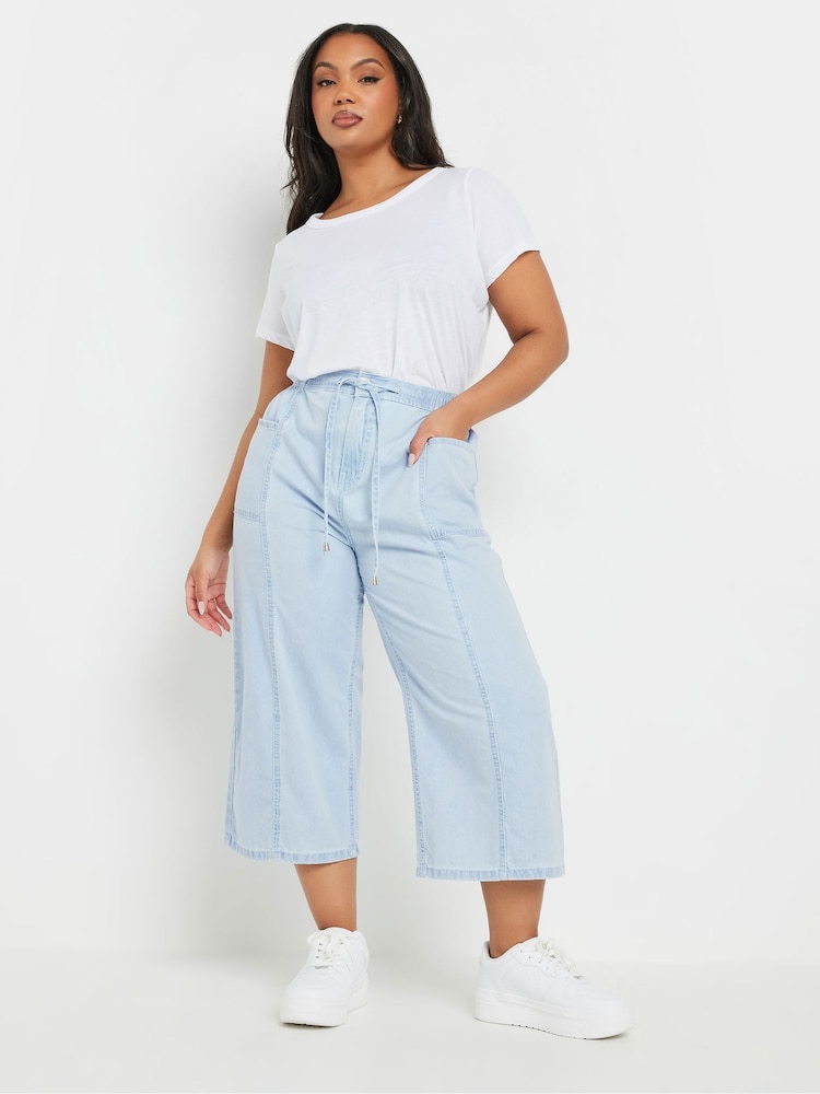 Yours Curve Blue Tie Waist Cropped 100% Cotton Trousers - Image 2 of 5