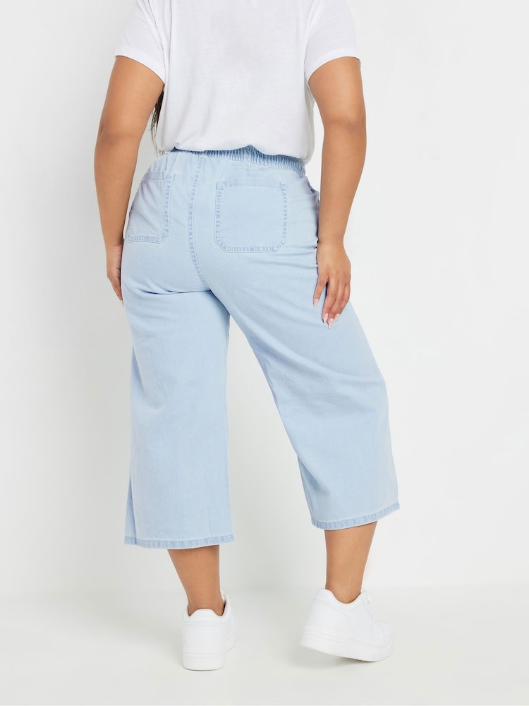 Yours Curve Blue Tie Waist Cropped 100% Cotton Trousers - Image 3 of 5