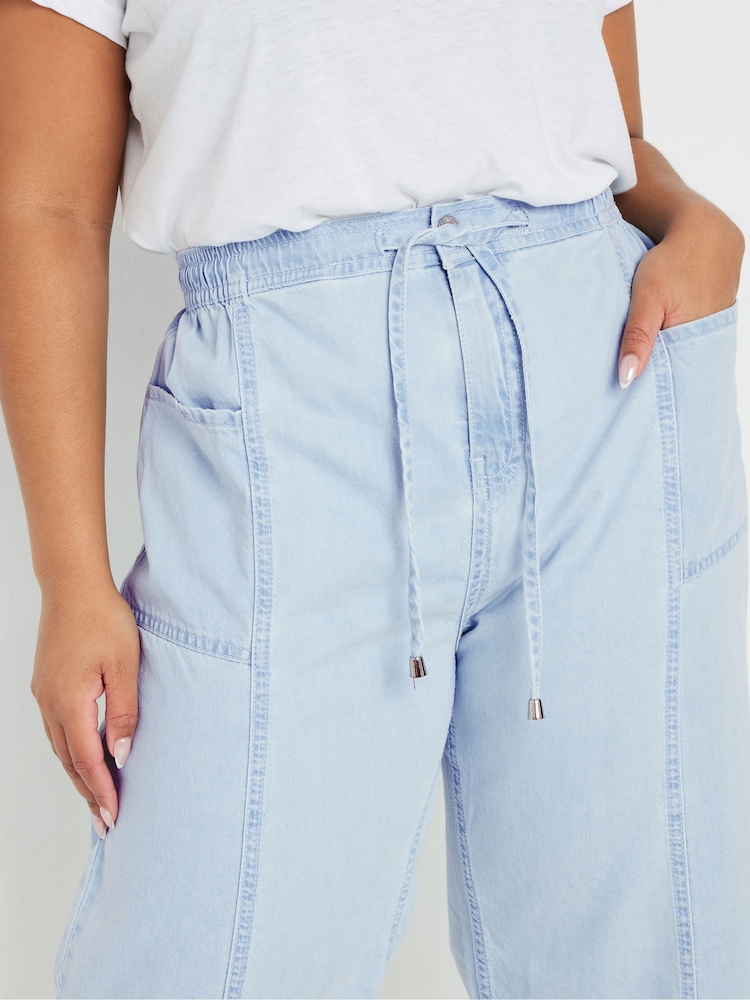 Yours Curve Blue Tie Waist Cropped 100% Cotton Trousers - Image 4 of 5