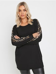 Yours Curve Black Leopard Print Sleeve Detail Top - Image 1 of 5