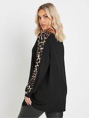 Yours Curve Black Leopard Print Sleeve Detail Top - Image 3 of 5
