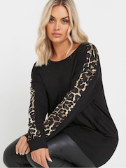 Yours Curve Black Leopard Print Sleeve Detail Top - Image 4 of 5
